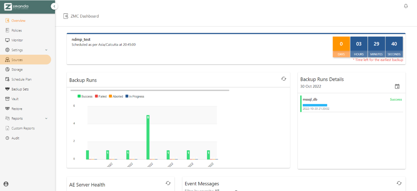 Sources on left side navigation bar | Zmanda