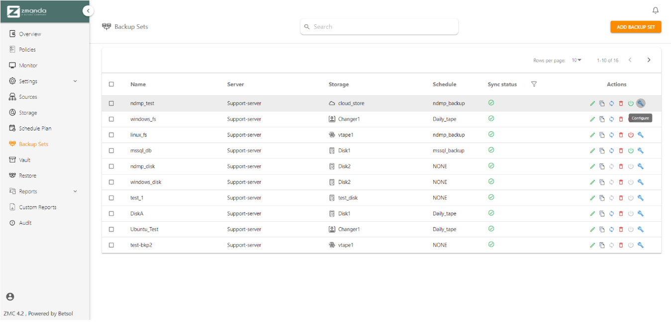 Configure under Actions | Zmanda