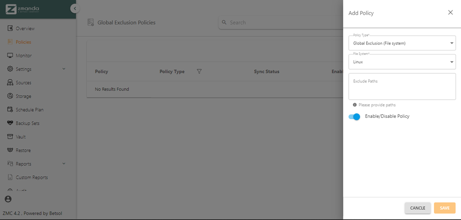 Add Policy form | Zmanda