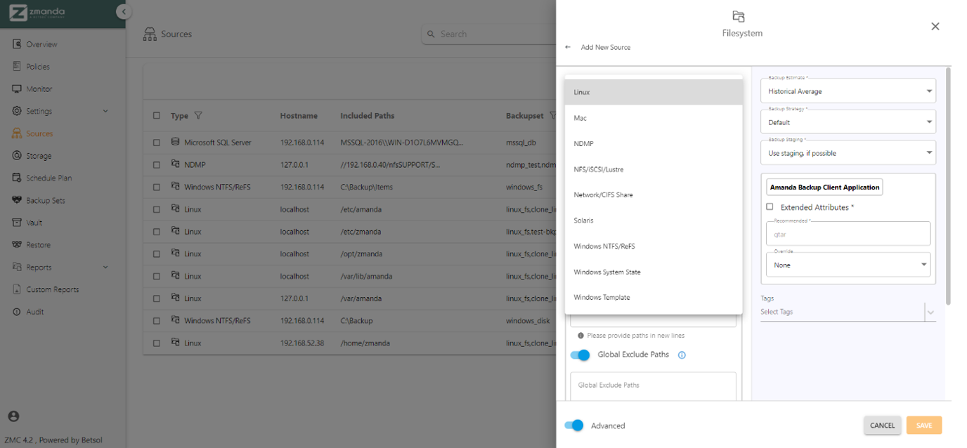Type dropdown | Zmanda