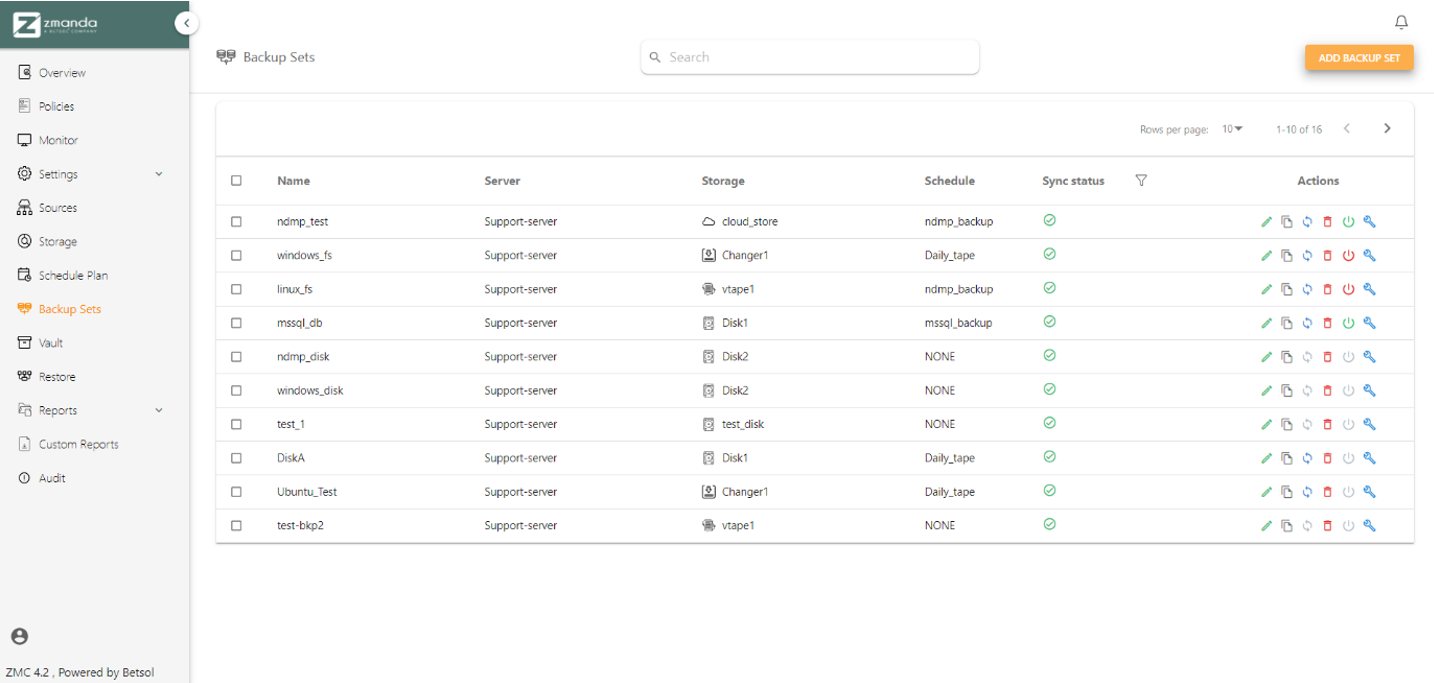 ADD BACKUP SET button | Zmanda